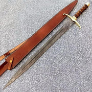 Custom Handmade Damascus Steel Battle Sword With Leather Sheath - propswords