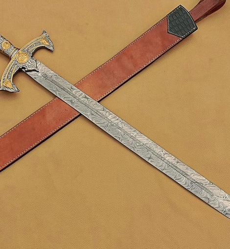 Handmade Medieval Templar Knigths Sword/Scared Holy Damascus Longsword Sword with Leather Sheath