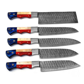 Professional Forged Damascus Chef Knife Set of 5 | Scalloped Blades Custom Made Cooking Kitchen Prep