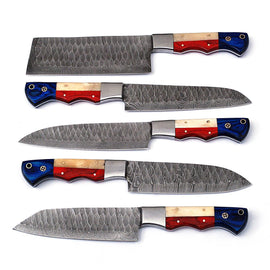 Professional Forged Damascus Chef Knife Set of 5 | Scalloped Blades Custom Made Cooking Kitchen Prep