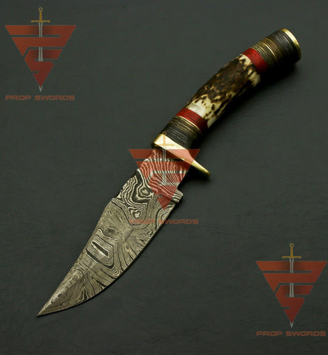 Exquisite Handcrafted Damascus Steel Hunting Knife with Rat-Tail Stag Horn Bolster Handle, and Leather Sheath: A Timeless Gift For Him