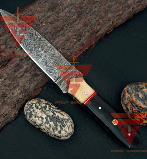 Elegant Handcrafted Damascus Knife with Rosewood and Camel Bone Handle, Complete with Pure Leather Sheath - Ideal Gift for Him