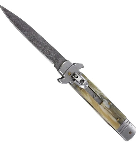 Rock Polish Damascus Steel Automatic Stiletto Lever Lock Knife - propswords