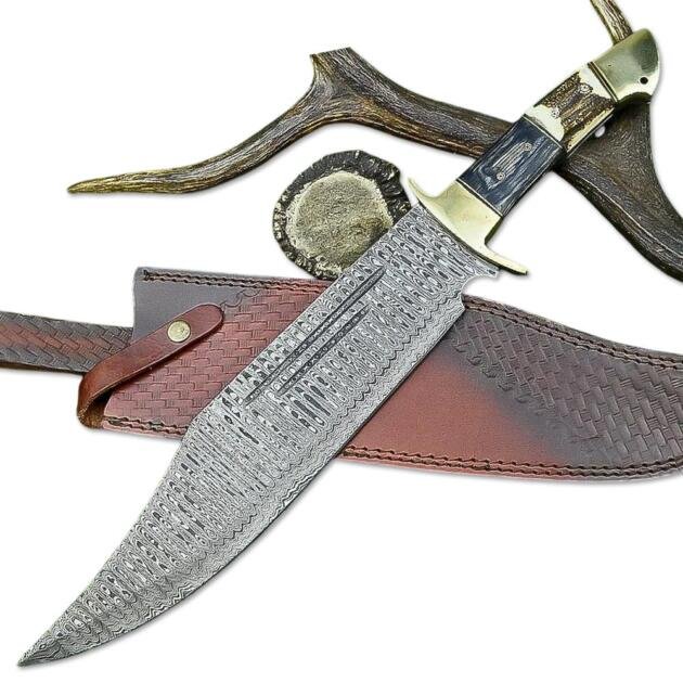 21" Handmade Damascus Steel Bowie Knife With Leather Sheath