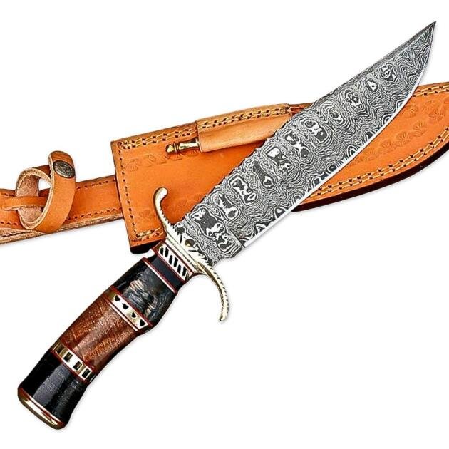 13" Handmade Damascus Steel Rat-Tail Bowie Knife Wood Handle With Leather Sheath-Outdoor, Camping, Hunting, Fishing