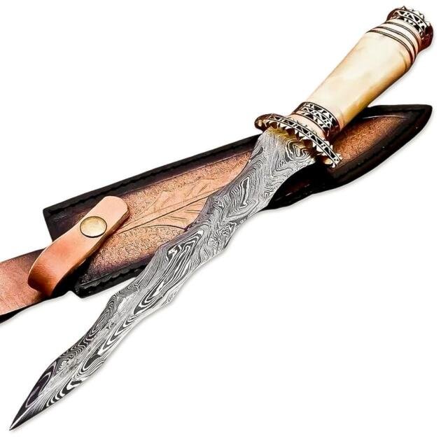 13" Handmade Damascu Steel Rat-Tail Duble Edge Kris Blade Dagger Knife Bone Handle With Leather Sheath