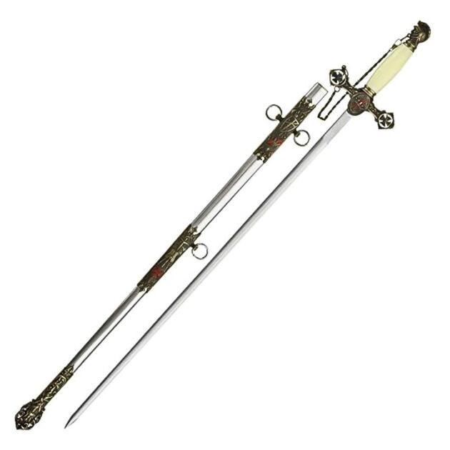 37” Masonic Knight of Templar Replica Ceremonial Long Sword with Adorned Scabbard, White