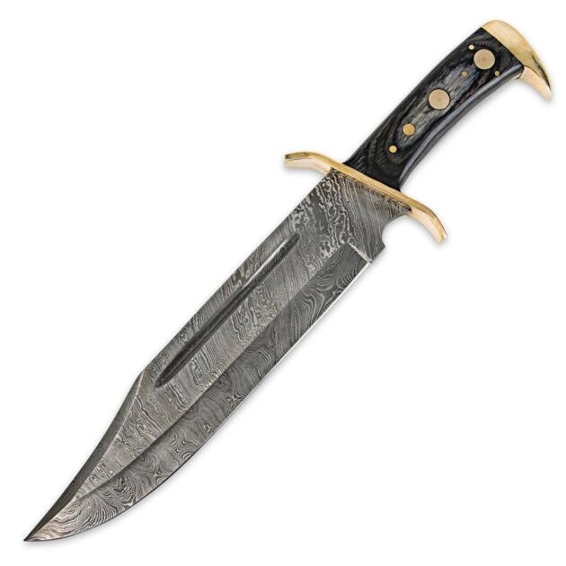 16" Handmade Damascus Steel Bowie Knife Wood Handle With Brass Clip And Sheath