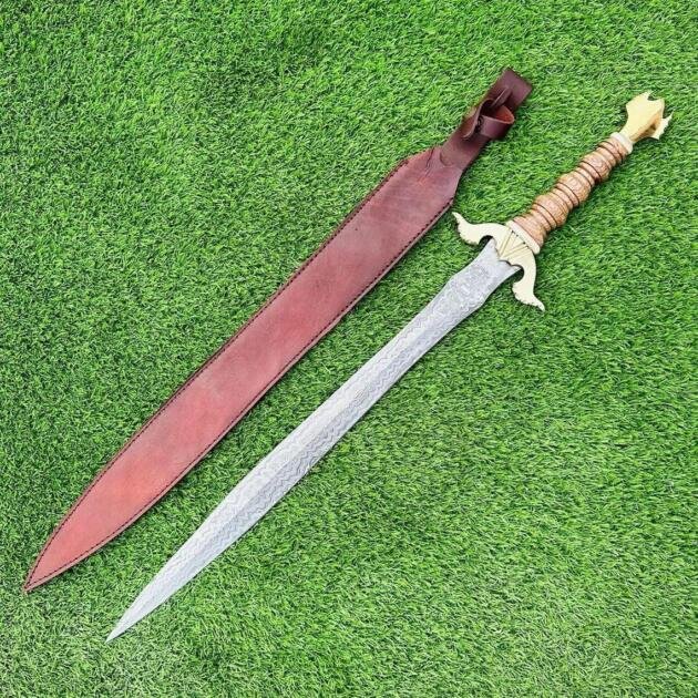Custom Handmade Damascus Steel Sword, Viking Sword, Medieval Sword, Historical Sword With Leather Sheath