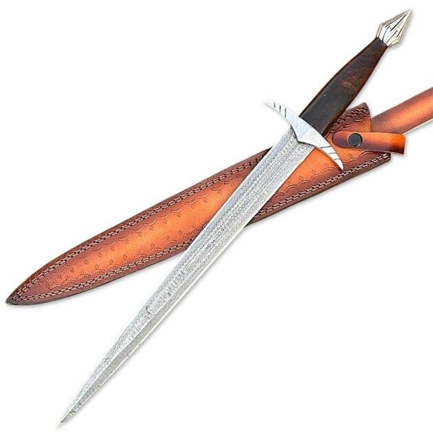 Handmade Damascus Steel Double Edge Short Sword With Leather Sheath