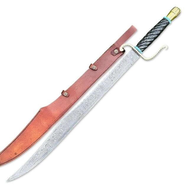 Handmade Damascus Steel Scimitar Sword With Leather Sheath