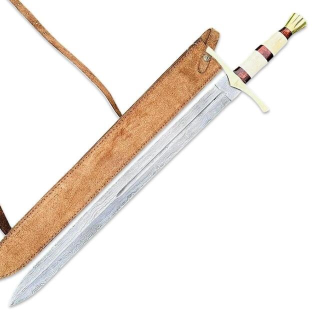 Handmade Damascus Steel Medieval Knight Sword, Medieval Historical Sword With Leather Sheath