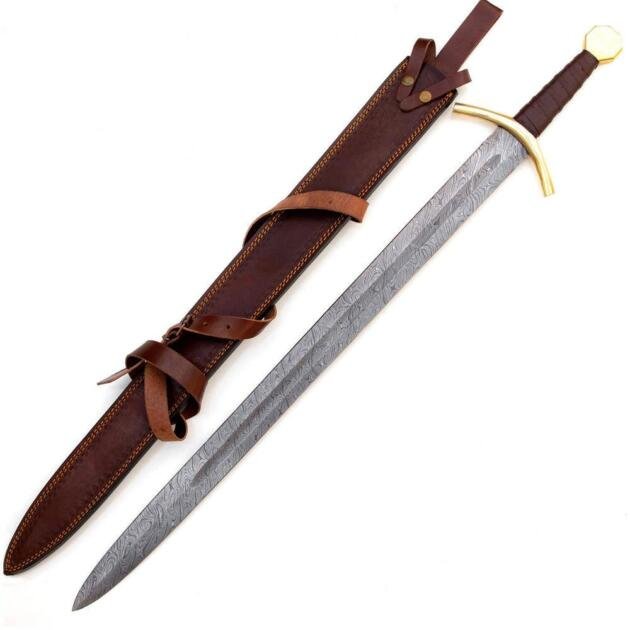 Handmade Damascus Steel Medieval Arming Style Sword With Leather Sheath