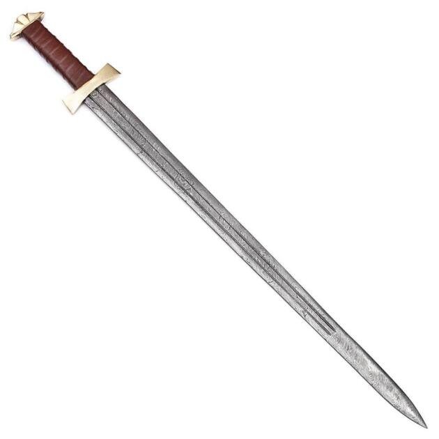 Handmade Damascus Steel Viking Warrior Sword With Leather Sheath