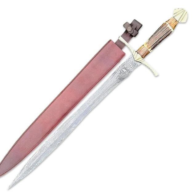 Handmade Damascus Steel Viking Sword, Medieval Sword With Leather Sheath