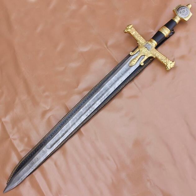 40" Handmade Medieval King David Solomon Damascus Steel Sword With Leather Sheath