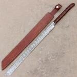 28" Handmade Damascus Steel Hunting Sword Machete Style With Leather Sheath