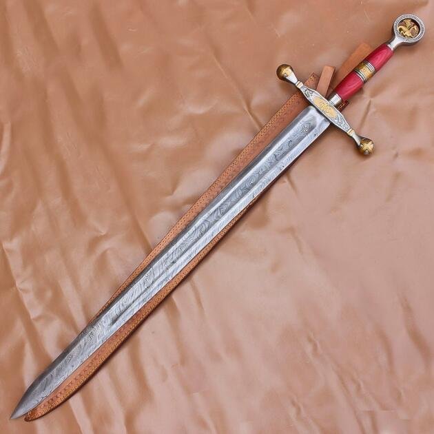 40" Custom Damascus Steel Rat-Tail Football Sword With Leather Sheath