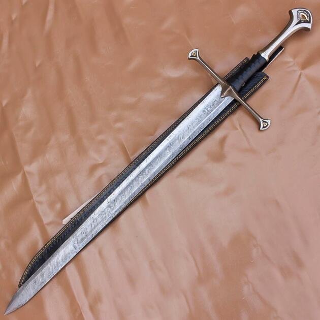Damascus Steel Anduril Sword of Narsil The King Aragorn Sword Medieval Movie Sword With Leather Sheath