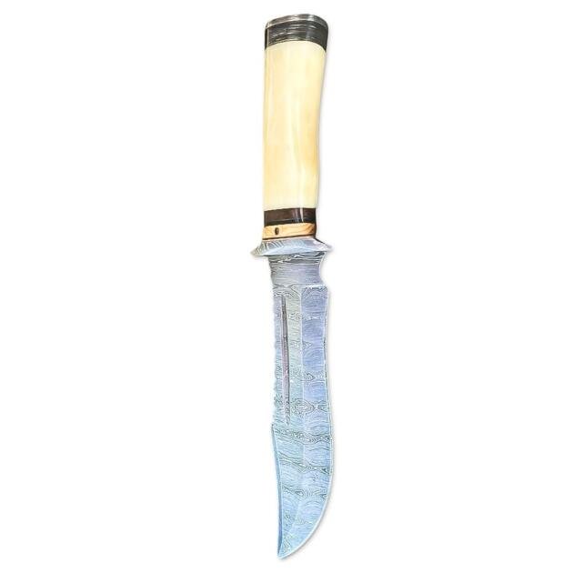 13" Handmade Damascus Steel Rat-Tail Bowie Hunting Knife Bone Handle With Leather Sheath Outdoor, Camping, Fishing