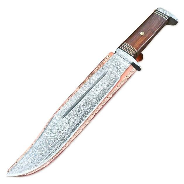 15" Handmade Damascus Steel Full Tang Bowie Knife Rose Wood Handle With Leather Sheath