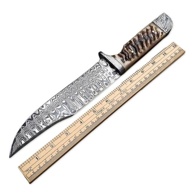 12" Handmade Damascus Steel Full Tang Bowie Hunting Knife Ram Horn Handle With Leather Sheath