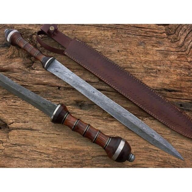 Damascus Steel Gladiator Sword/Handmade Roman Gladius Sword/Sword with Leather