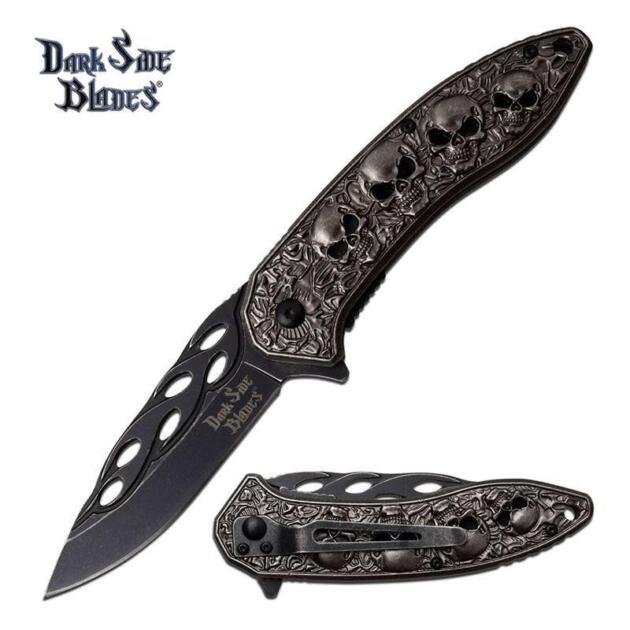 Gray Skull Stonewash Blade Tactical EDC Spring Assisted Pocket Knife