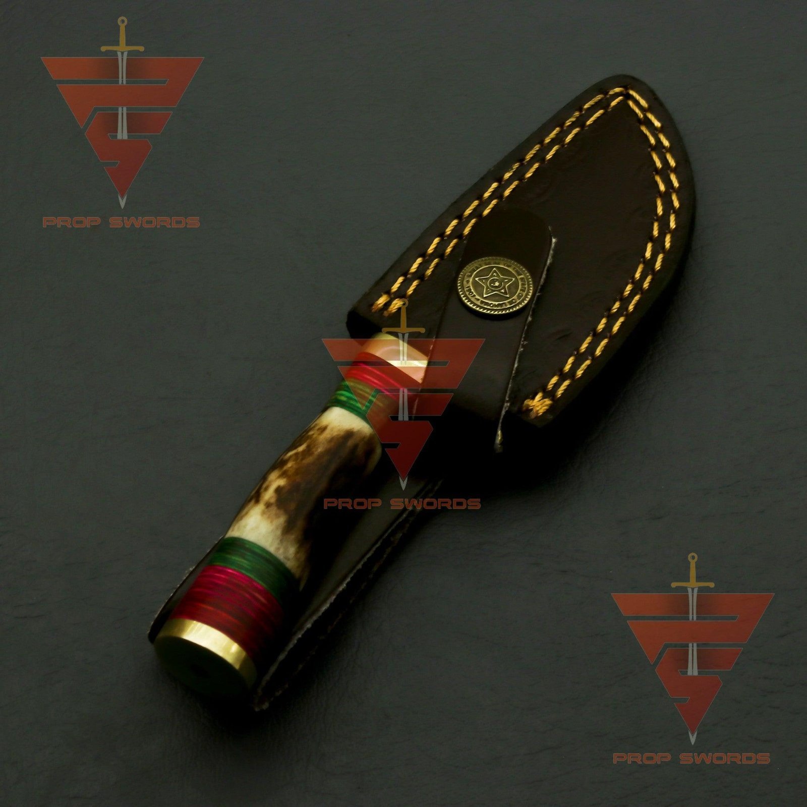 Exquisite Handcrafted Damascus Steel Stag Horn Knife with Custom Enchanting Bolster Handle and Personalized Leather Sheath: Perfect Gift for Dad, Ideal for Hunting - Image 6