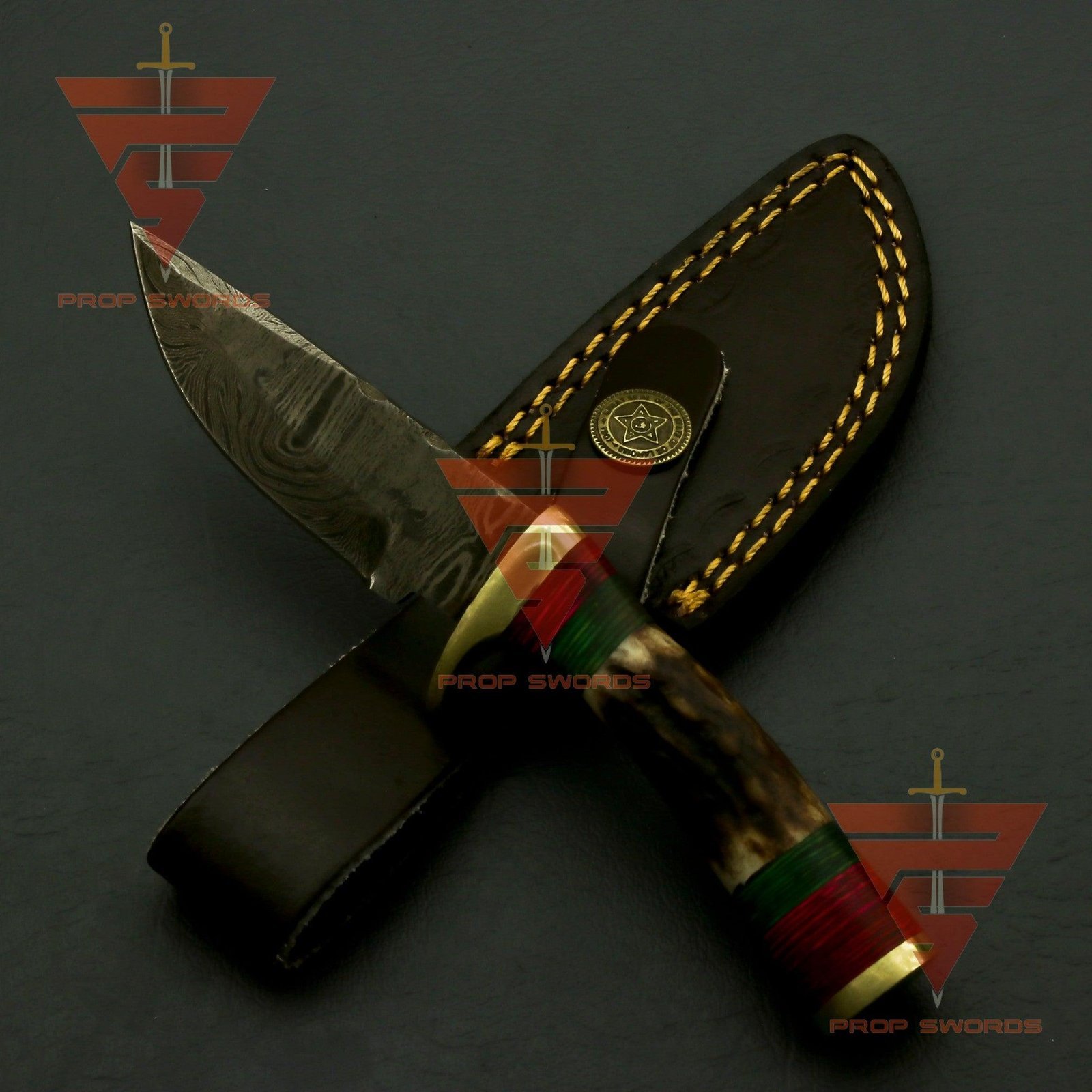 Exquisite Handcrafted Damascus Steel Stag Horn Knife with Custom Enchanting Bolster Handle and Personalized Leather Sheath: Perfect Gift for Dad, Ideal for Hunting - Image 4