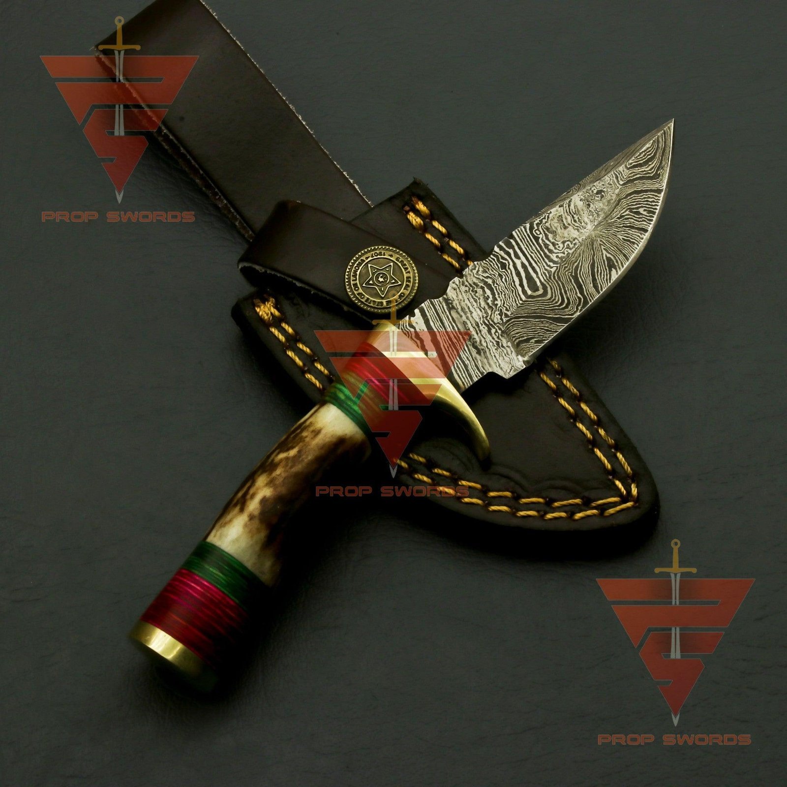 Exquisite Handcrafted Damascus Steel Stag Horn Knife with Custom Enchanting Bolster Handle and Personalized Leather Sheath: Perfect Gift for Dad, Ideal for Hunting - Image 3