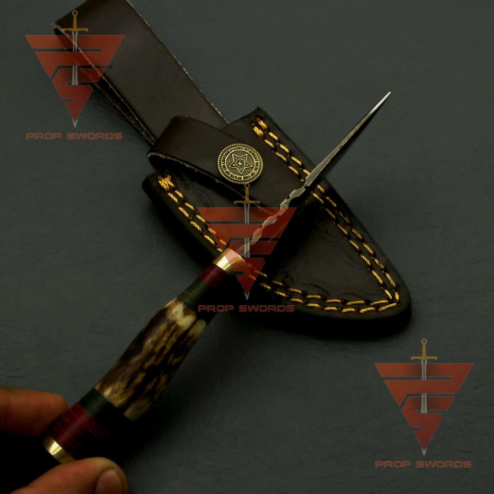 Exquisite Handcrafted Damascus Steel Stag Horn Knife with Custom Enchanting Bolster Handle and Personalized Leather Sheath: Perfect Gift for Dad, Ideal for Hunting - Image 5