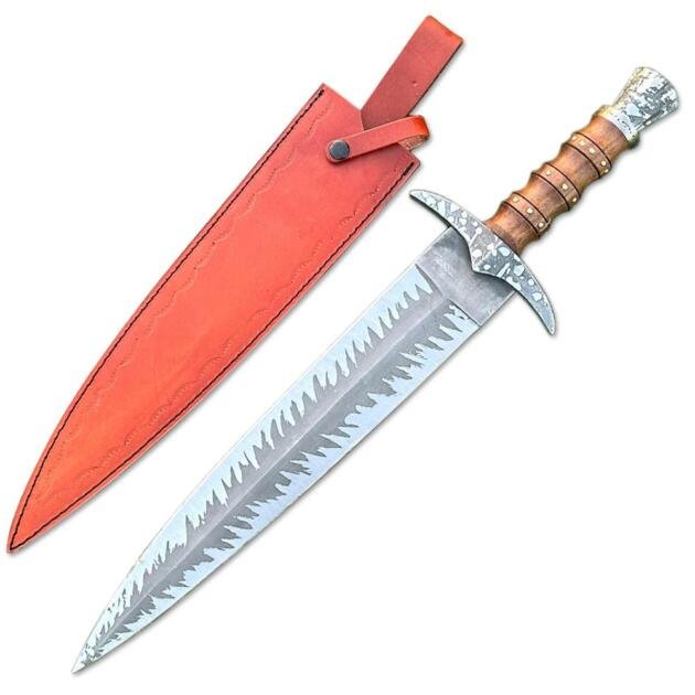 21" Handmade Damascus Steel Double Edge Bowie Knife With Leather Sheath