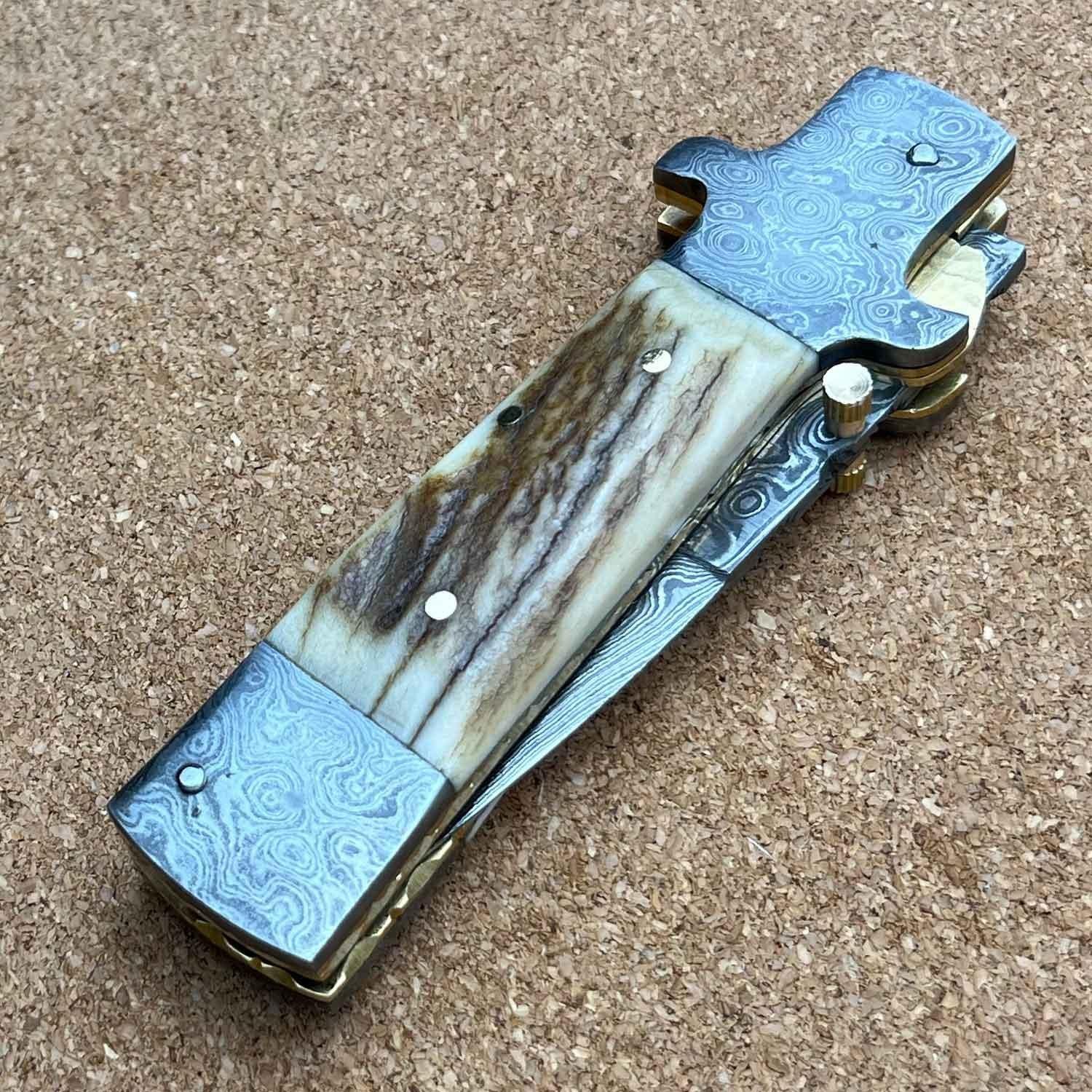 8.25" Damascus Steel Custom Handmade Folding Pocket Knife Stag Handle - Image 3