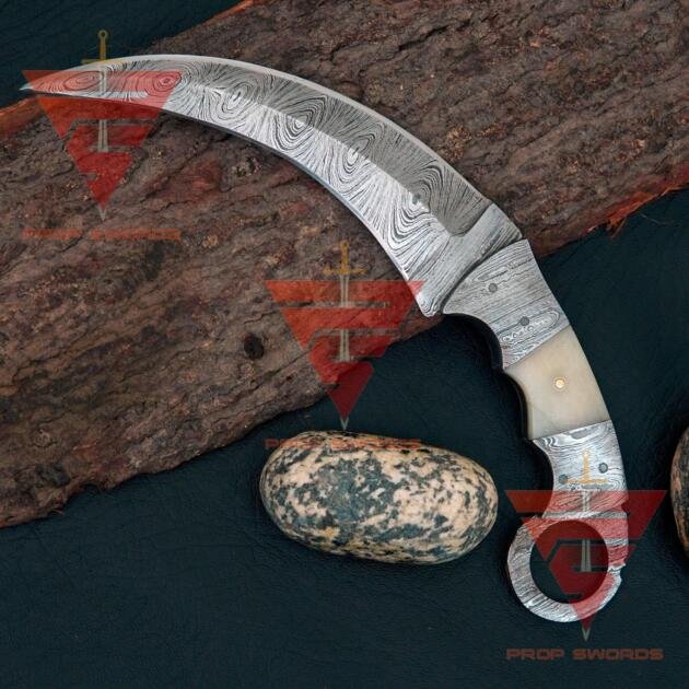 Full Damascus Handcrafted Tactical Karambit Knife with Leather Sheath