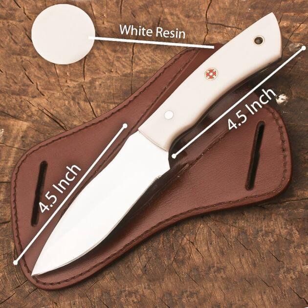 9 Inch Fixed Blade Hunting Knife, Stainless Steel Full Tang Skinner Bushcraft Knife with White Resin Handle, Leather Sheath, Outdoor Survival Camping