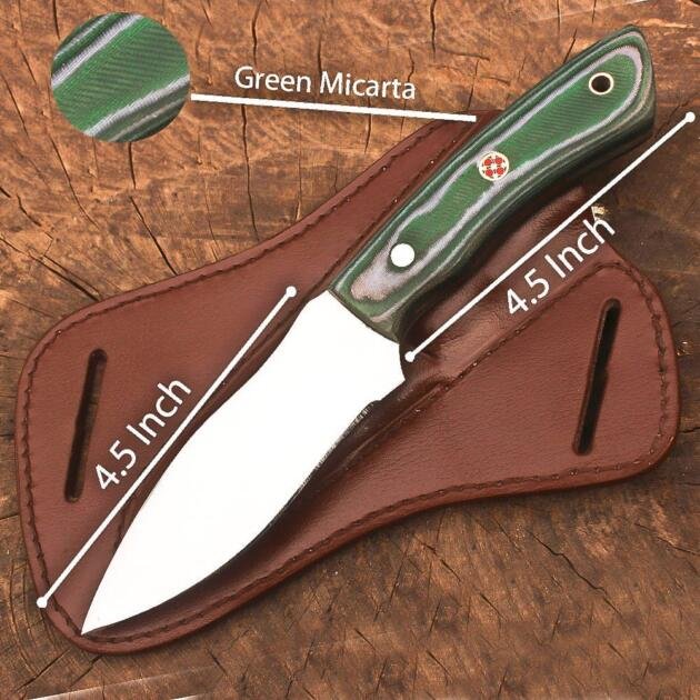 9 Inch Fixed Blade Hunting Knife with Green Micarta Handle, Stainless Steel Full Tang Skinner Bushcraft Knife, Leather Sheath, Outdoor Survival Camping