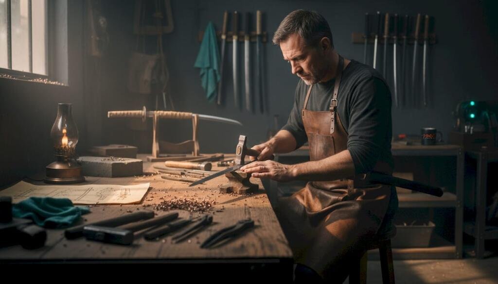 Expert sword craftsman shaping blade in workshop