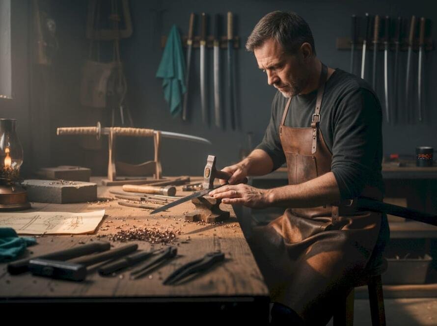 Expert sword craftsman shaping blade in workshop