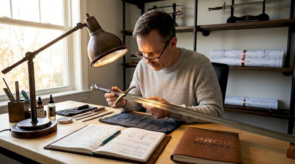 Collector inspecting sword in home workspace