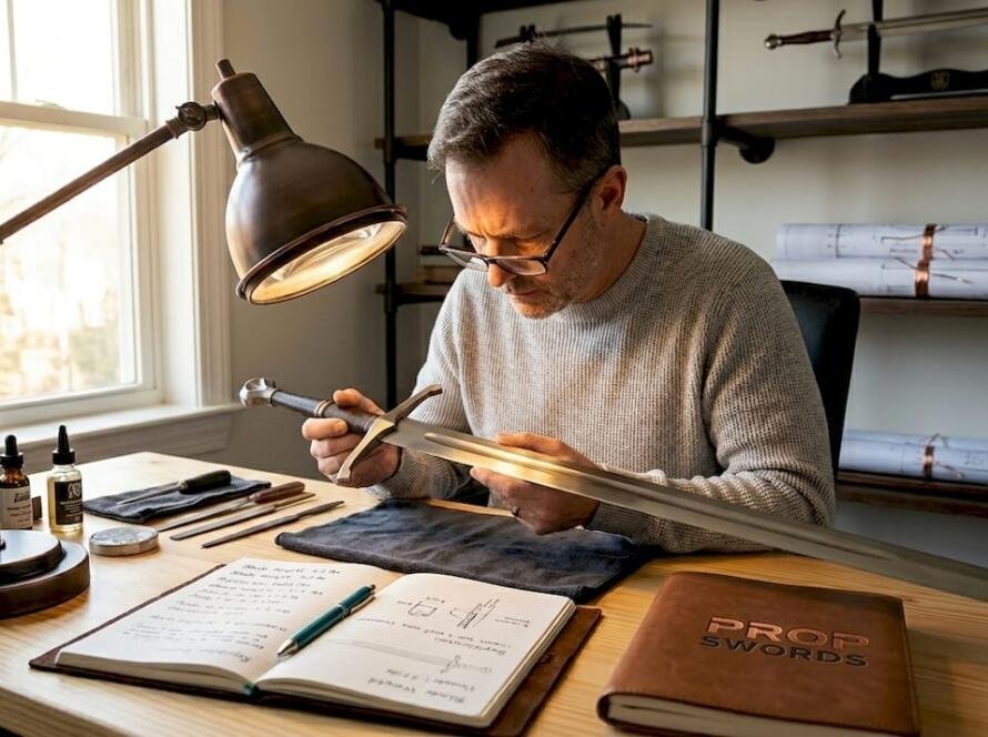 Collector inspecting sword in home workspace
