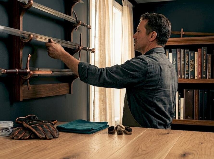 Sword collector arranging swords on wall display