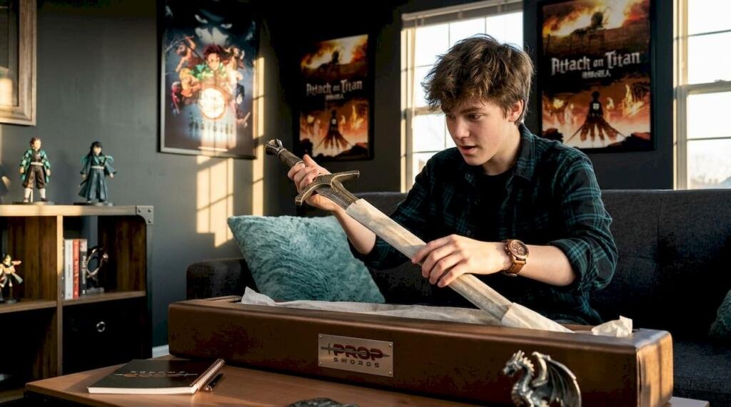 Unboxing a replica fantasy sword in living room