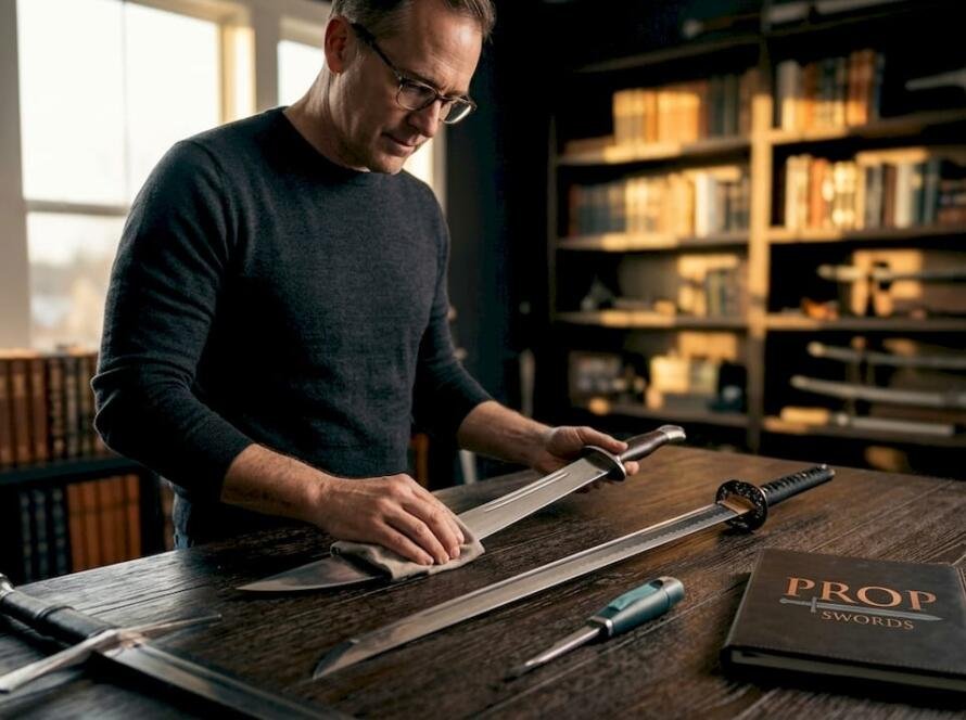 Collector examining martial arts swords on table