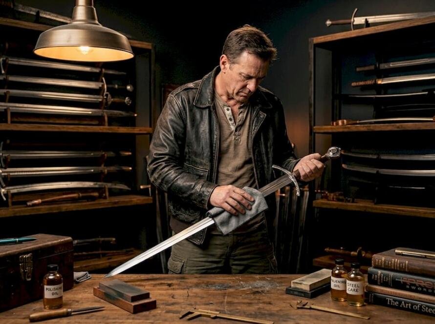 Collector cleaning sword in home study display