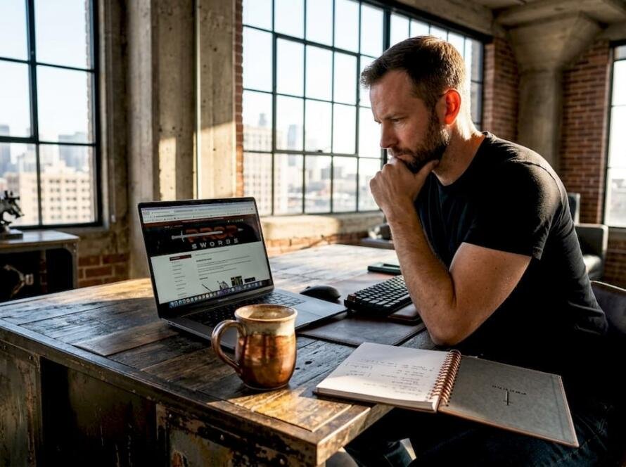 Man comparing website alternatives at dining table workspace