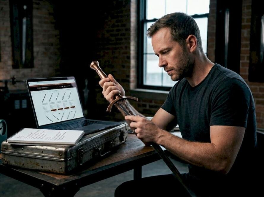 Man comparing replica swords at his home office desk