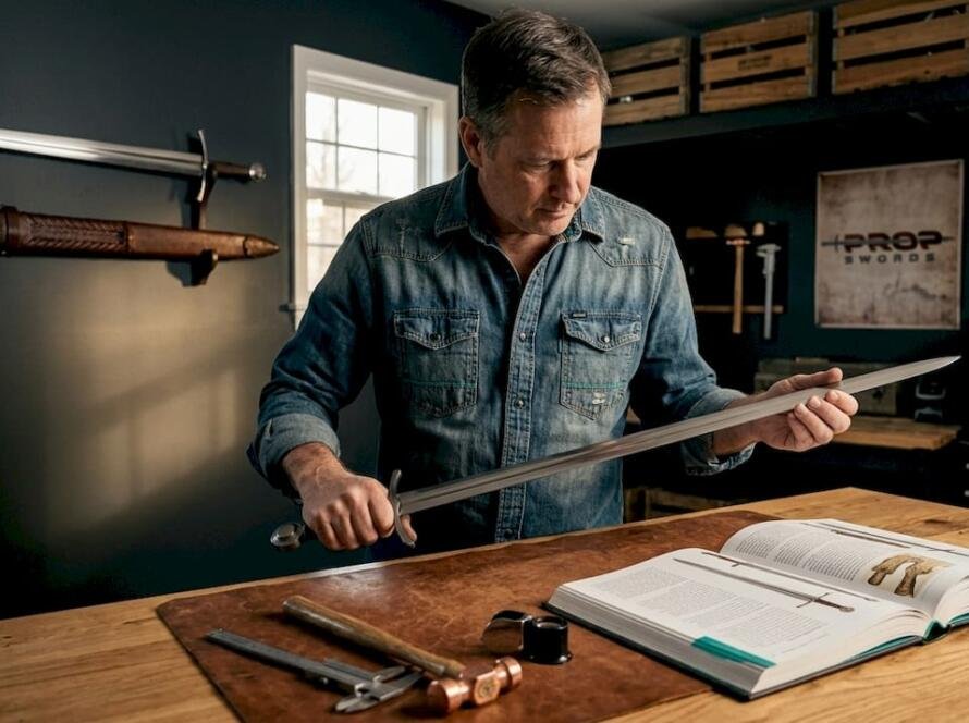 Enthusiast examines sword at attic worktable