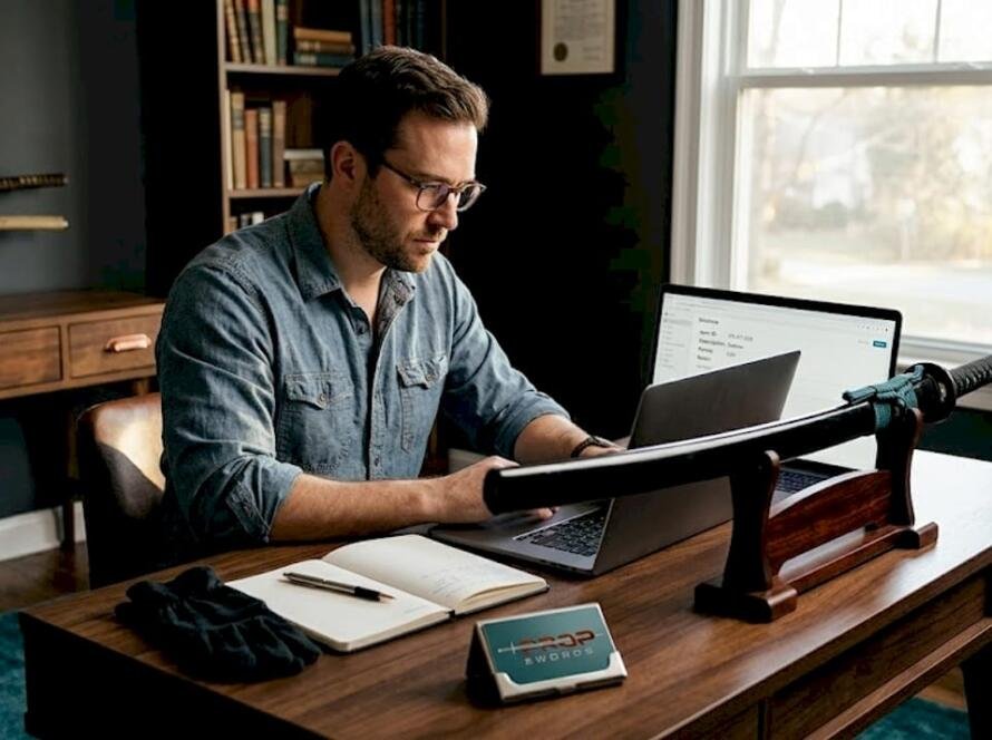 Collector cataloging swords in book-filled home office
