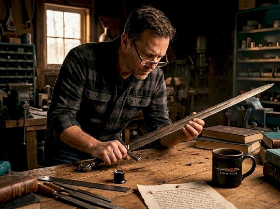 Collector closely inspecting historical replica sword